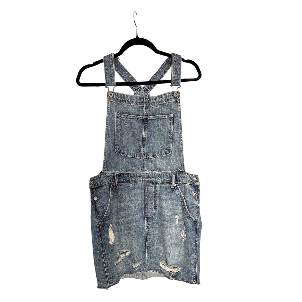 H&M &Denim Womens Distressed Blue Denim Overall Dress Size 10 Medium Wash Mini